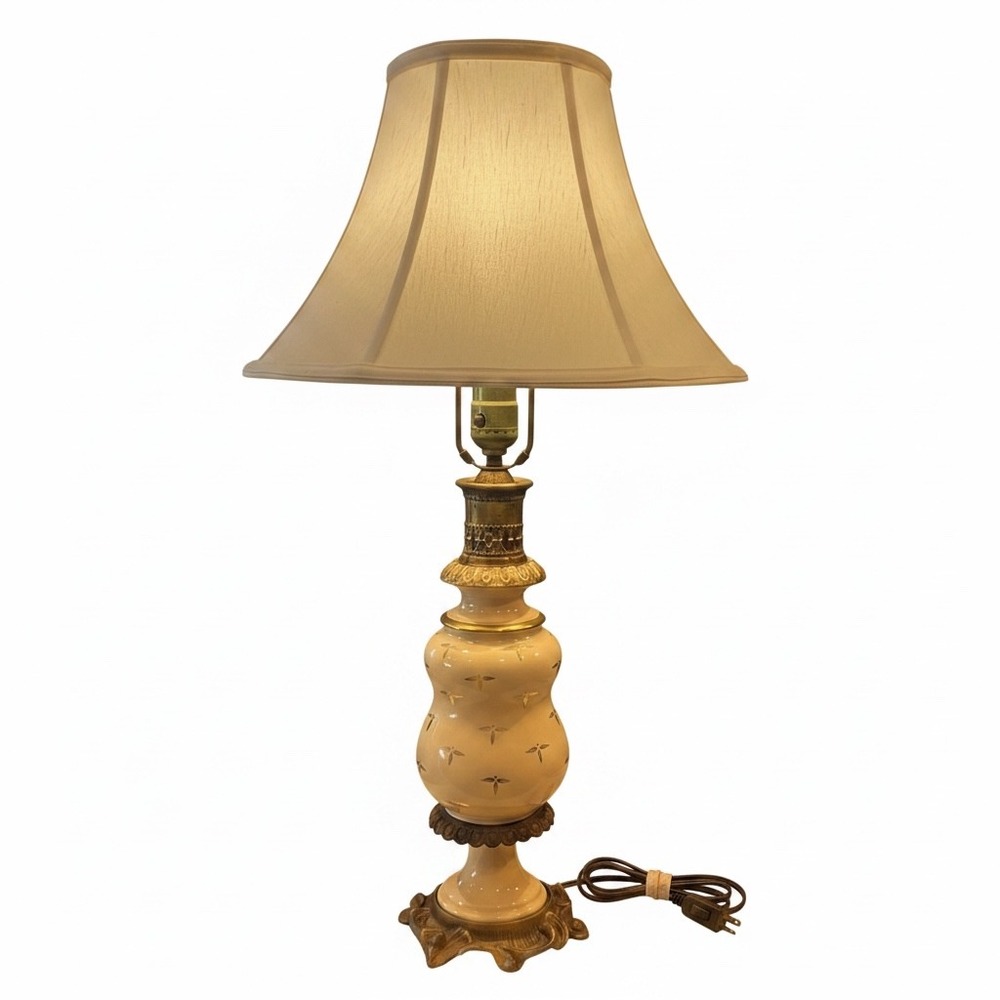 Vintage Hollywood Regency Ceramic Table Lamp Cream Gold Starburst MUST REWIRE
